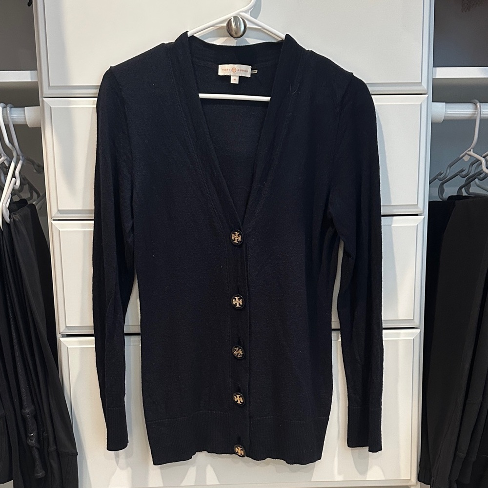 Tory Burch Dark Blue Knitwear Cardigan with Gold emblem buttons